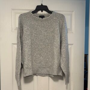 Ann Taylor Gray Crewneck Sweater with Pearl Trim